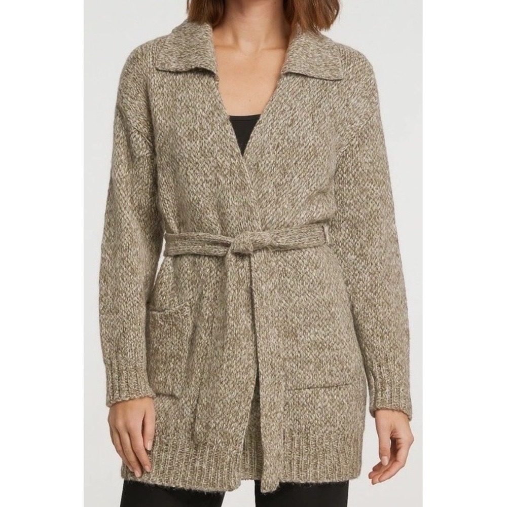Ann Taylor Womens XL Beige Open Front‎ Tie Waist Cardigan Sweater Shawl Collar